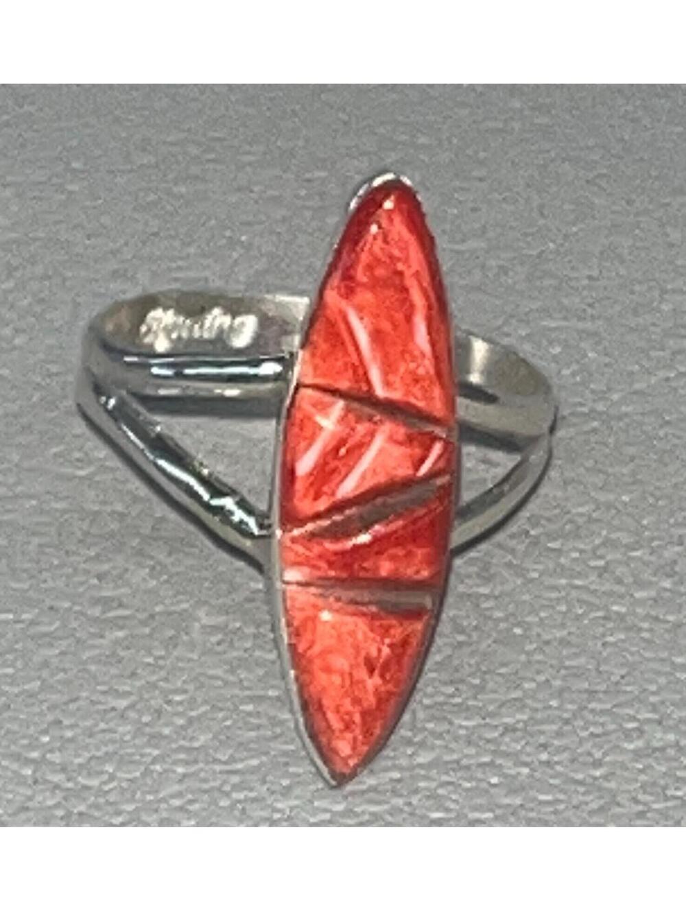 Native American Zuni handmade orange spiny oyster sterling silver ring size 6